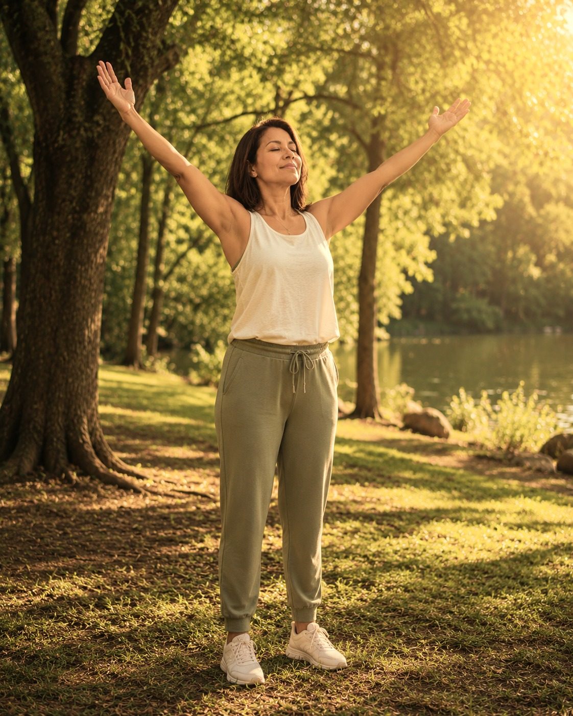 A woman standing in a sunlit park by a lake with her arms raised and her eyes closed