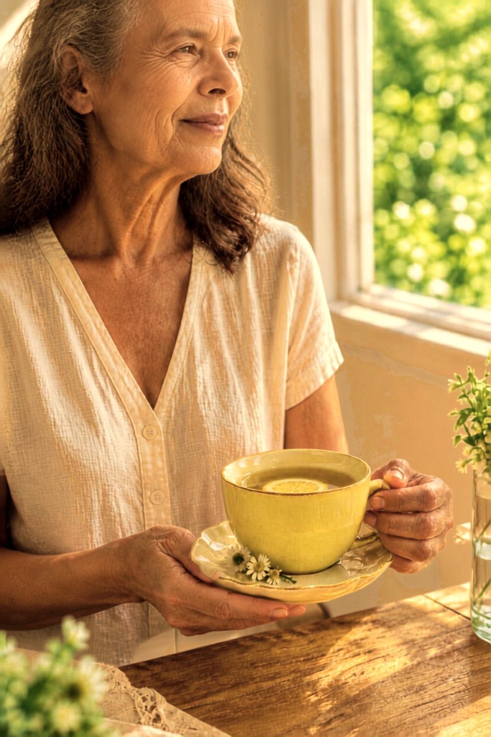 An older woman holding a cup of lemon tea