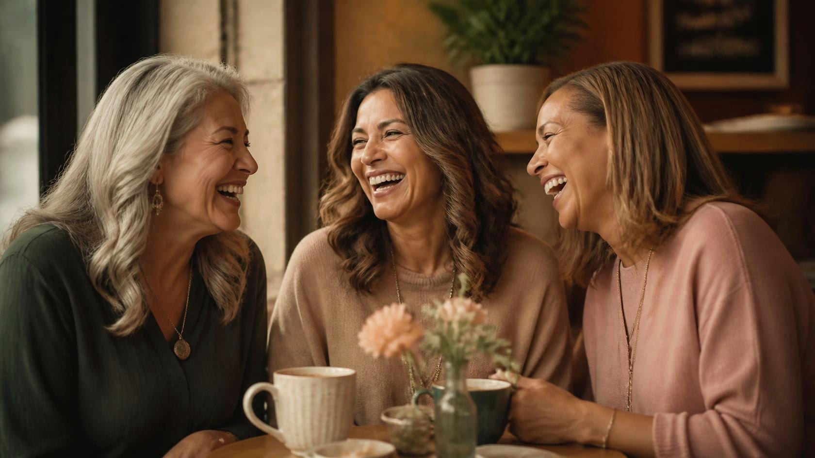 Three women laughing together over coffee at a café table.