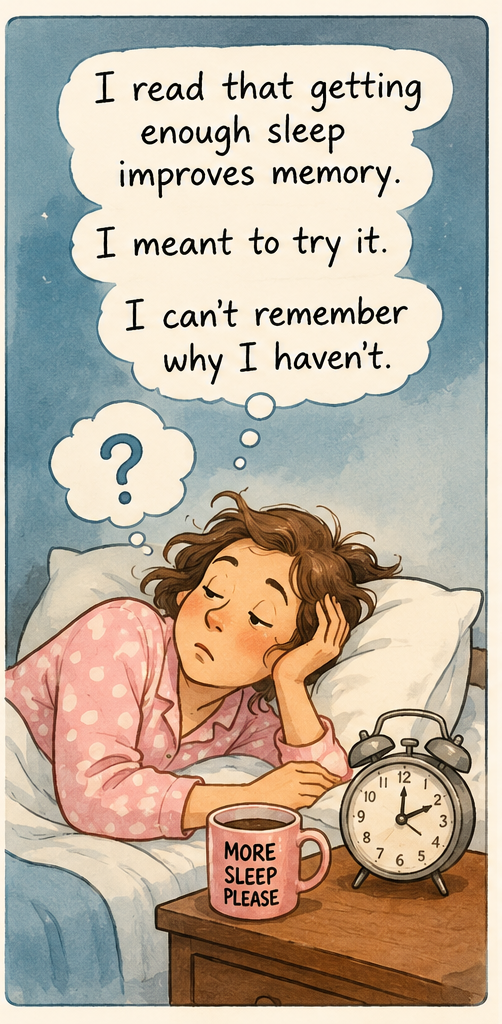 Comic: a tired woman in pink polka-dot pajamas lies in bed beside an alarm clock and a mug that reads More Sleep Please. Thought bubbles: I read that getting enough sleep improves memory. I meant to try it. I can't remember why I haven't.