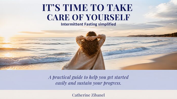 Cover of the guide It's Time to Take Care of Yourself: a woman on a beach at sunset, seen from behind, with her hands behind her head