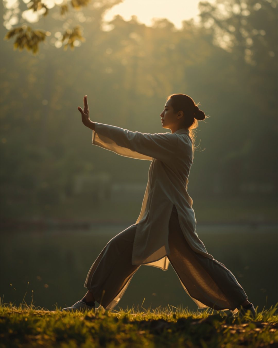 A woman in a tai chi pose by a lake at dawn, backlit