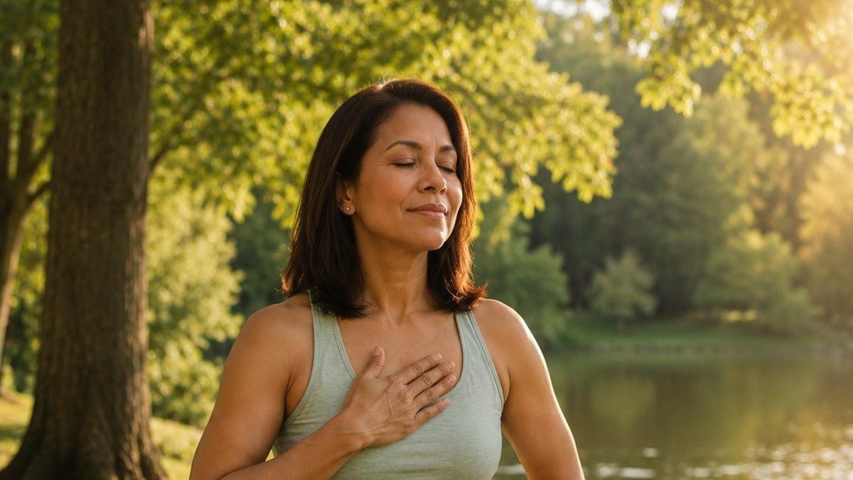 A woman with her eyes closed and a hand on her chest in a sunlit park by a lake