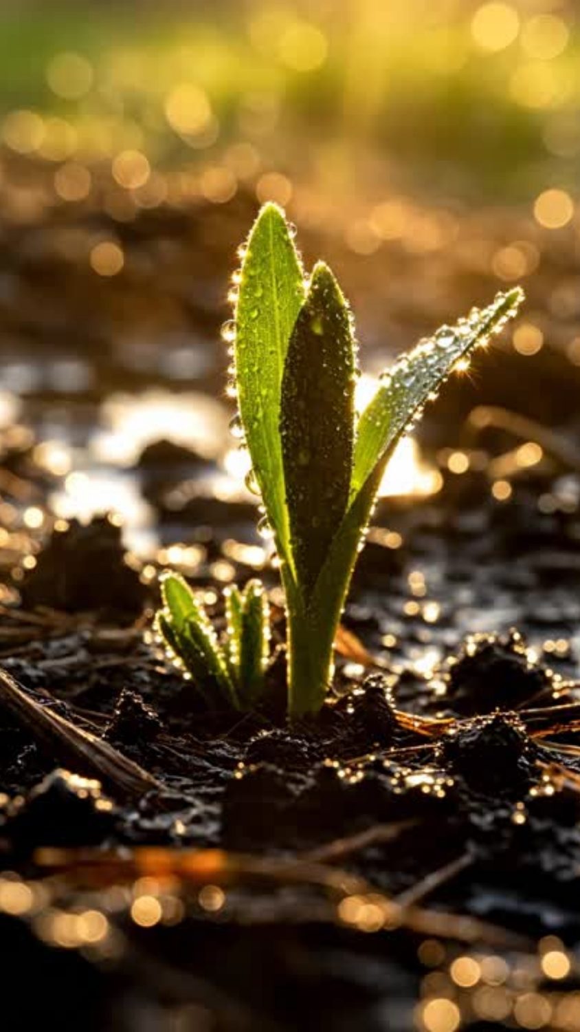 A dew-covered sprout in golden backlight